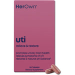 Her Own UTI Relieve and Restore 30 capsules front view packaging for women's urinary health.