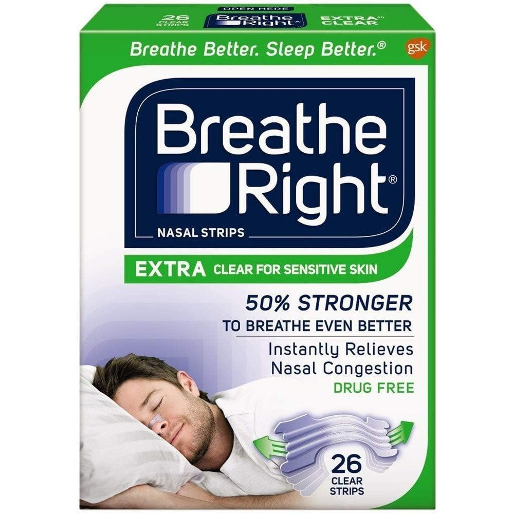 Breathe Right Extra Strength Clear Nasal Strips front packaging for congestion relief.