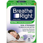 Breathe Right Extra Strength Clear Nasal Strips front packaging for congestion relief.