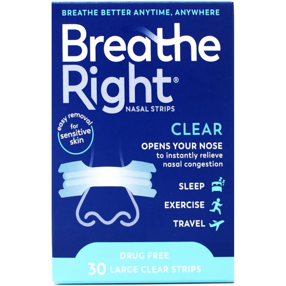Breathe Right Nasal Strips for Sensitive Skin Large 30 Strips front packaging view showing clear strip design