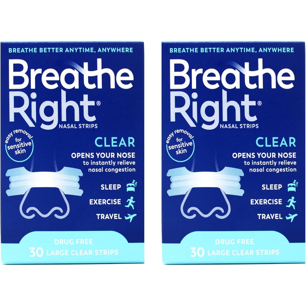 Breathe Right Nasal Strips Clear Large 2 pack front view for snoring relief.