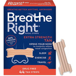 Breathe Right Extra Strength Tan Nasal Strips 44 count front packaging view for snoring relief.