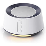 BGOVERSS White Noise Sound Machine front view showing speaker grille and control buttons.