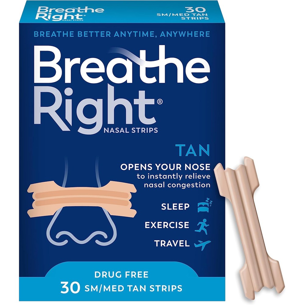 Breathe Right Original Nasal Strips front packaging 30 count for snoring relief.