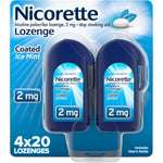 Nicorette 2 mg Coated Nicotine Lozenges front view of 80 count pack for smoking cessation.