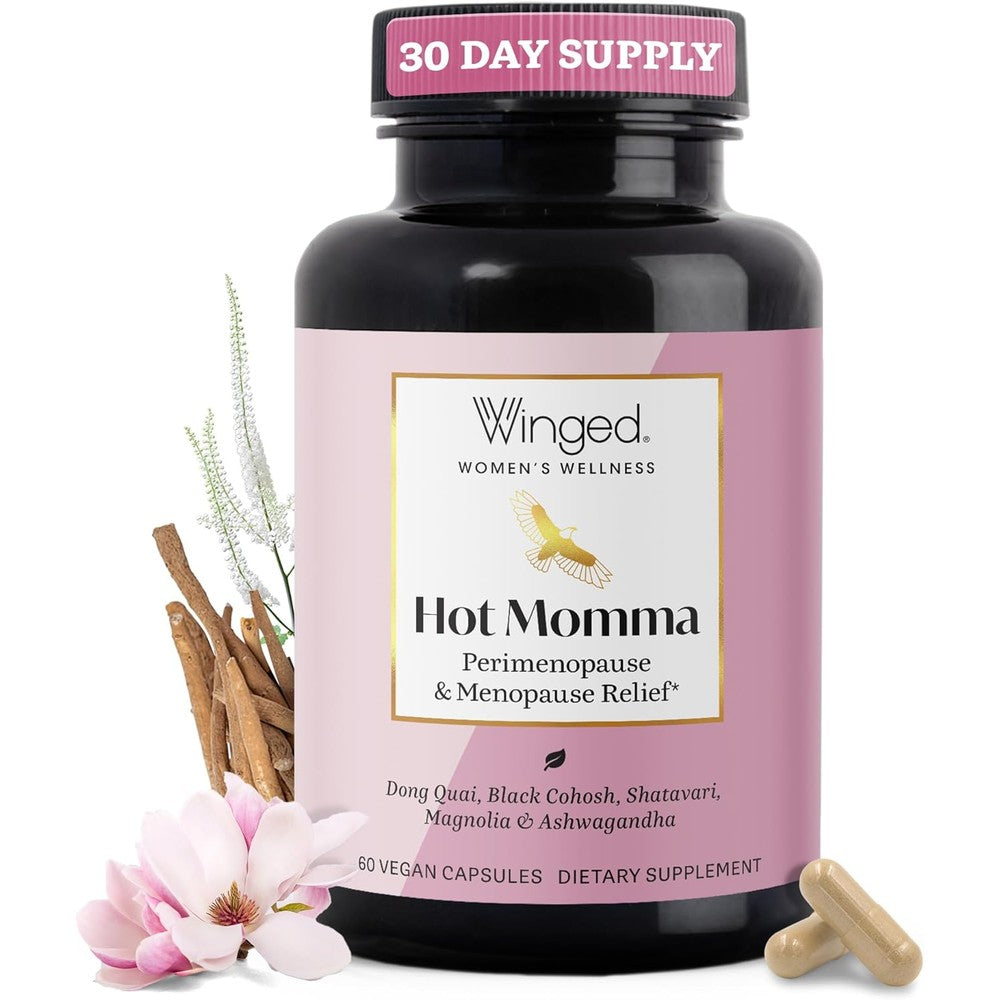 Winged Wellness Hot Momma Menopause Supplements front bottle view for hormone balance