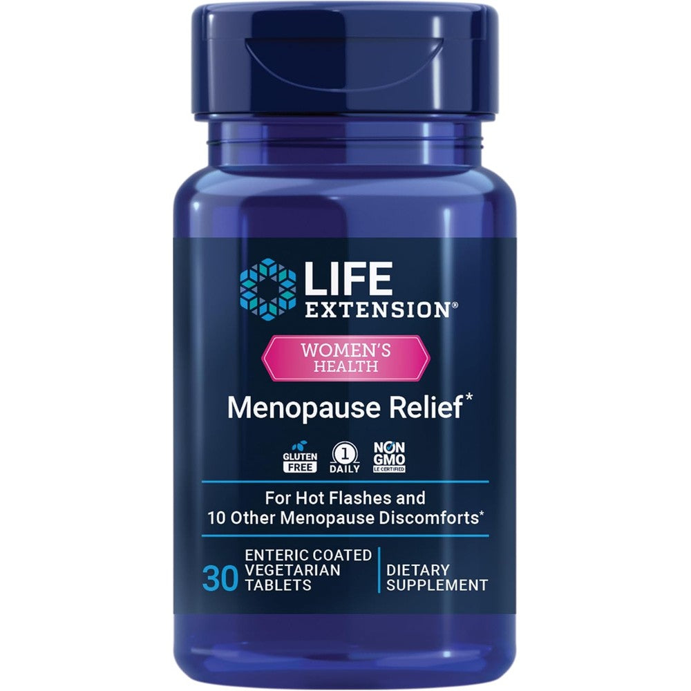 Life Extension Menopause Relief 30 tablets front bottle view for hot flash support.