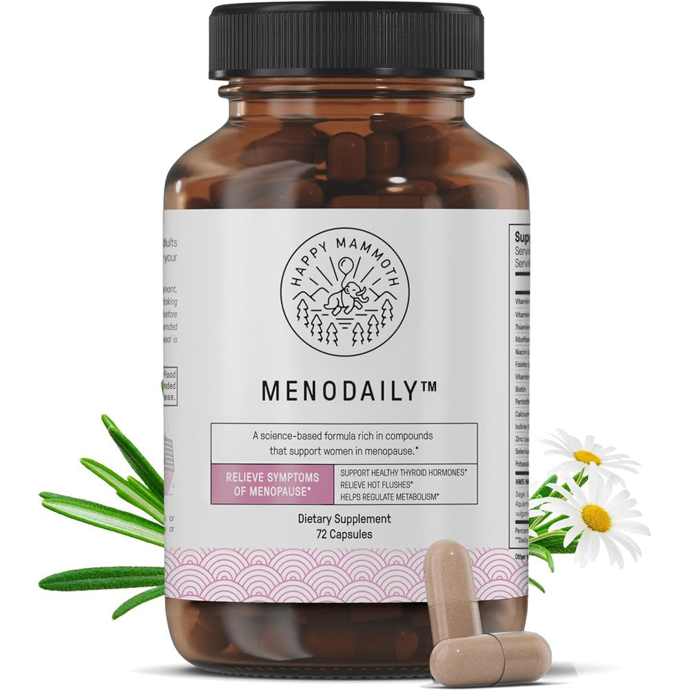 Happy Mammoth Meno Daily Menopause Vitamins front view authentic imported supplement bottle.