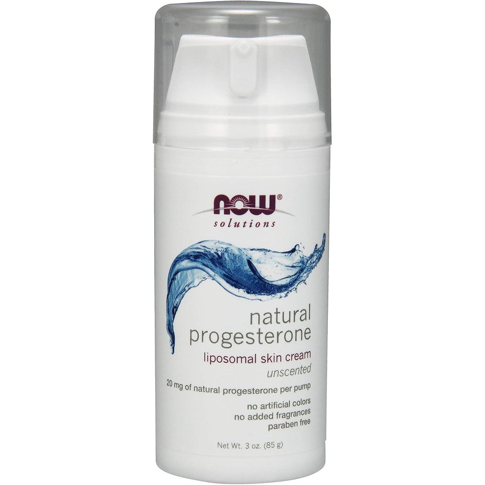 NOW Foods Natural Progesterone Liposomal Skin Cream Unscented bottle front view for hormonal balance support.