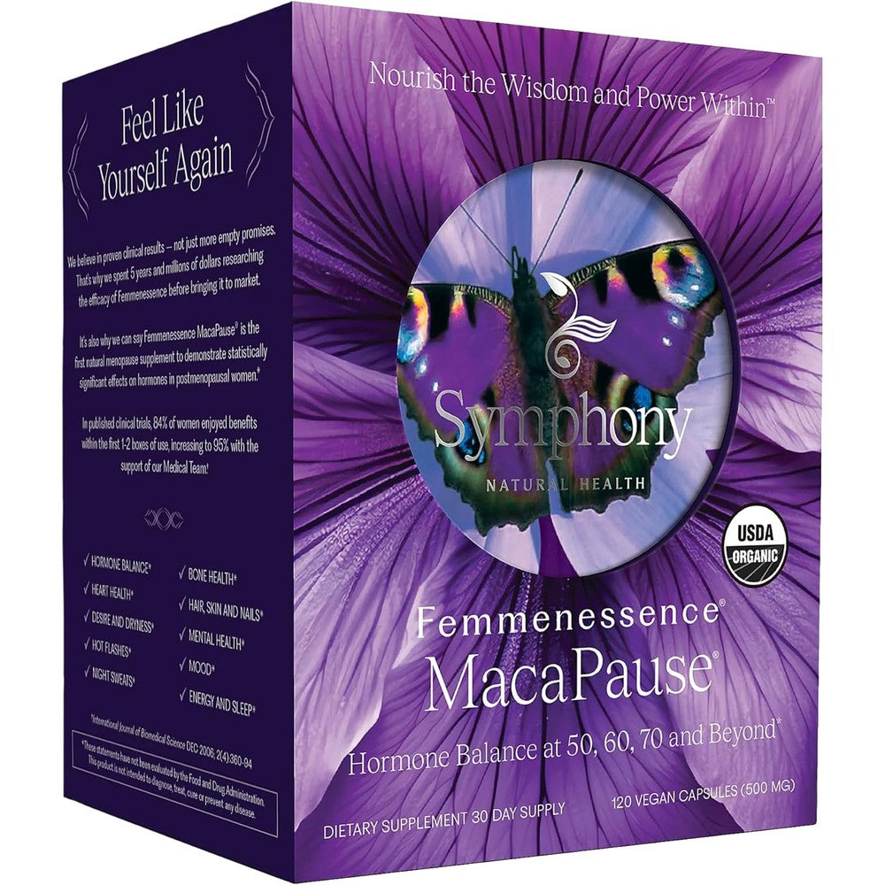 Natural Health International Femmenessence MacaPause front view packaging for hormone balance.