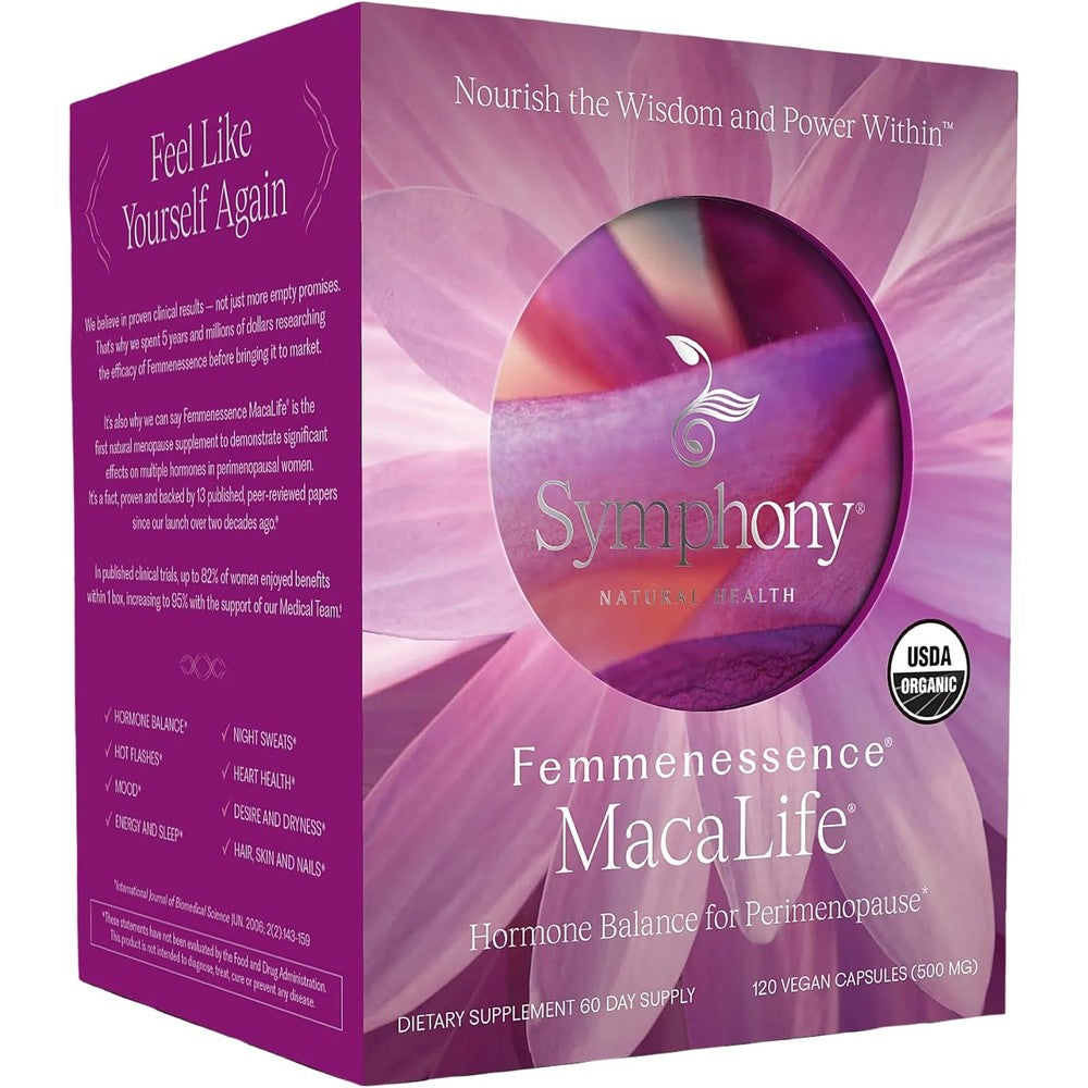 Symphony Natural Health Femmenessence MacaLife front view box for hormone balance