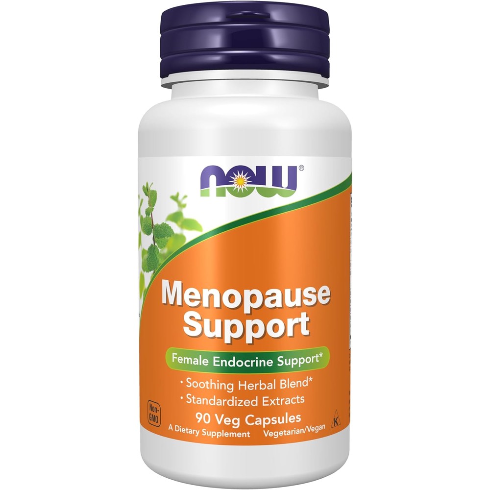 NOW Supplements Menopause Support 90 Veg Capsules front bottle view for hormonal balance.