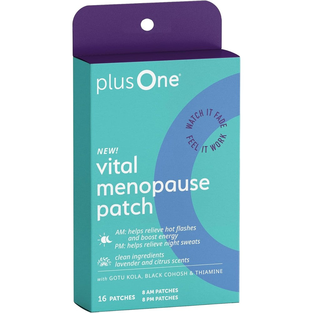 plusOne Vital Menopause Patch AM and PM 16 count front packaging box showing day and night support