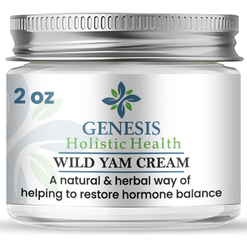Genesis Holistic Health Wild Yam Root Cream two ounce jar front view showing authentic organic hormone balancing formula