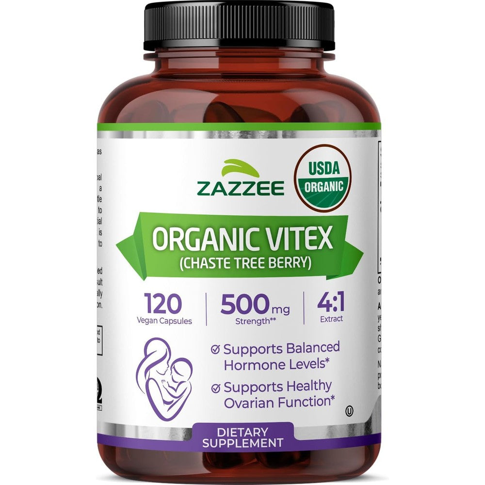 Zazzee USDA Organic Vitex 500mg bottle front view showing 120 vegan capsules label.