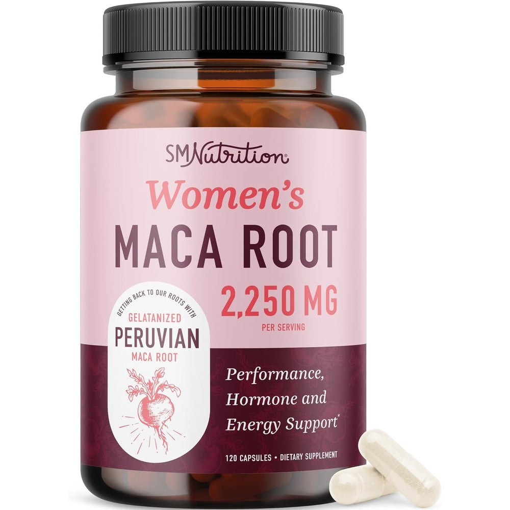 SMNutrition Organic Maca Root Capsules for Women front bottle view for hormone support.