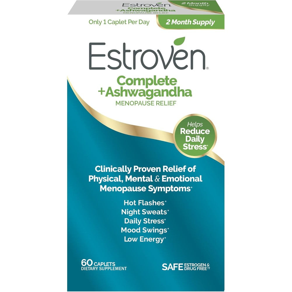 Estroven Complete plus Ashwagandha 60 caplets front packaging for menopause relief.