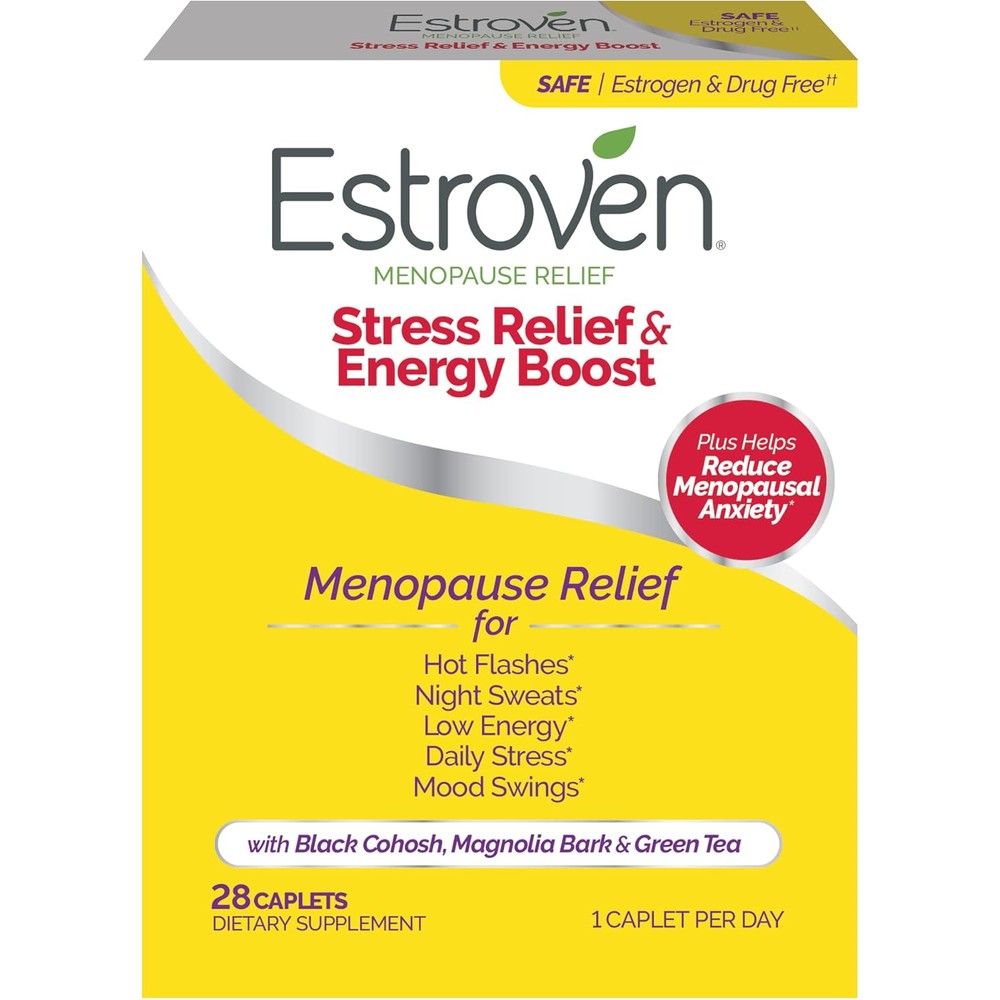 Estroven Menopause Relief Stress Relief and Energy Boost 28 Count front packaging.