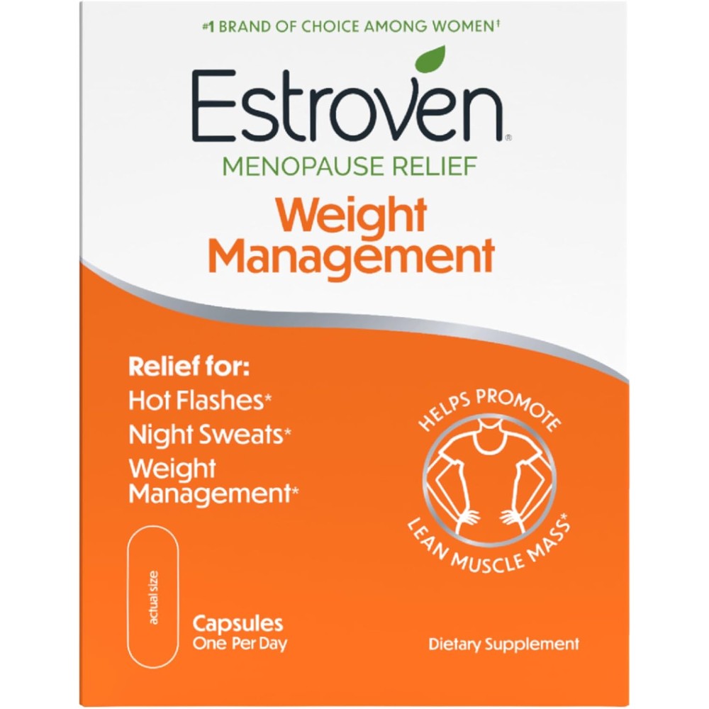 Estroven Menopause Relief Weight Management 30 count box front view for metabolism support.