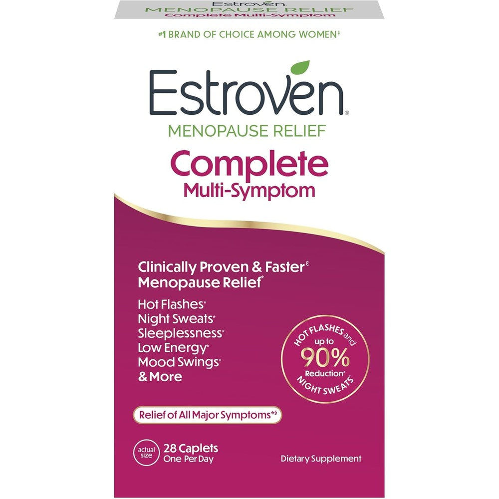 Estroven Complete Multi-Symptom Menopause Relief front packaging showing 28 count box.