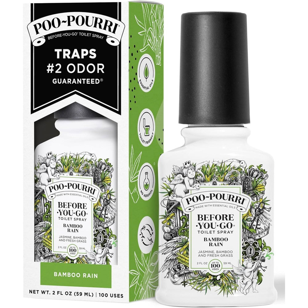 Poo-Pourri Bamboo Rain Before-You-Go Toilet Spray front view showing essential oil ingredients.