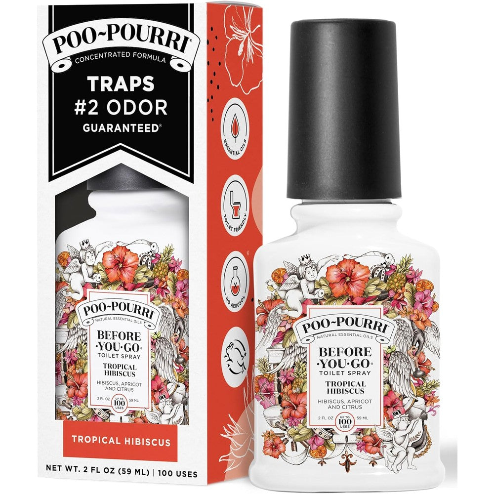 Poo-Pourri Tropical Hibiscus 2 Fluid Ounce bottle front view odor eliminator.