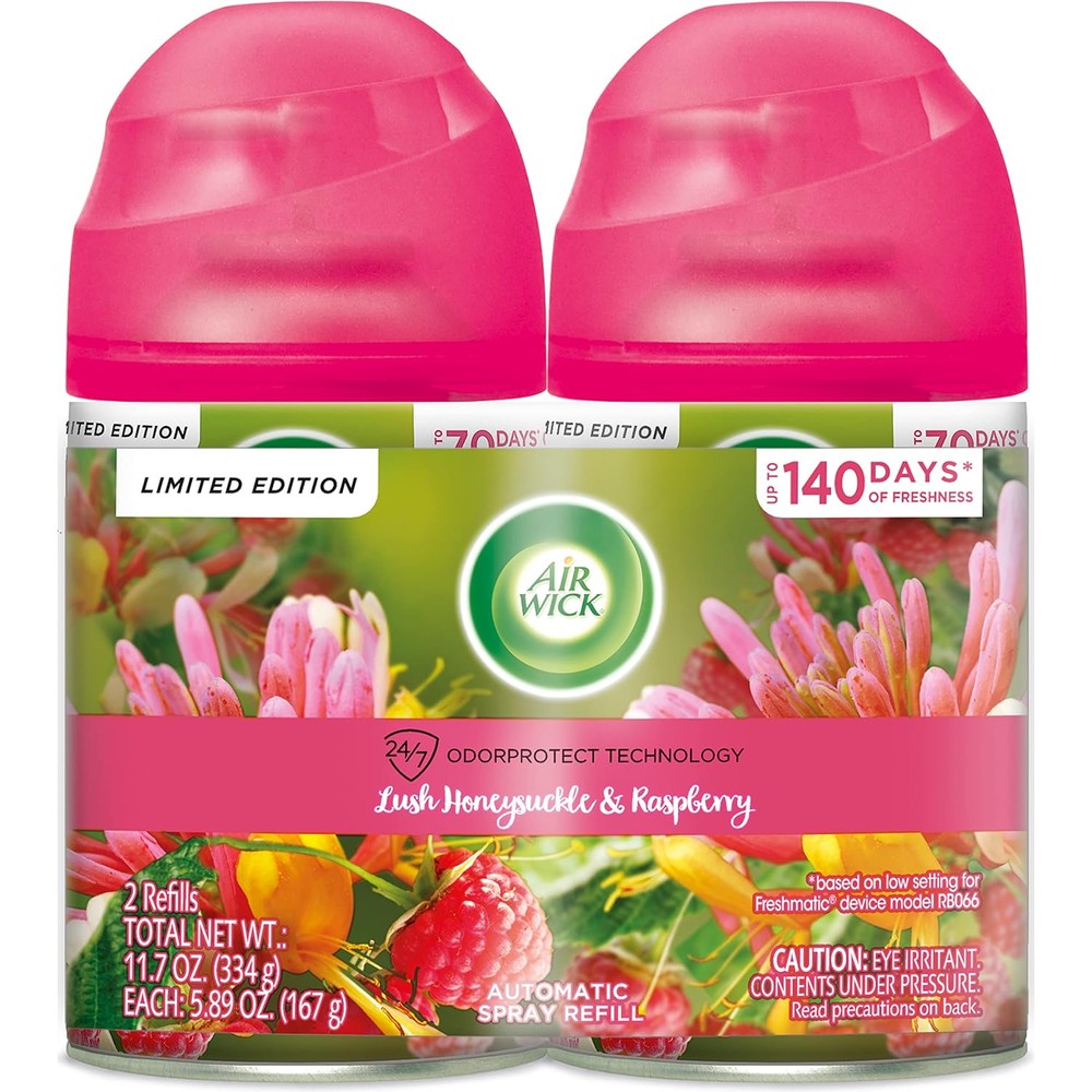 Air Wick Automatic Air Freshener Spray Refill Lush Honeysuckle and Raspberry front view twin pack