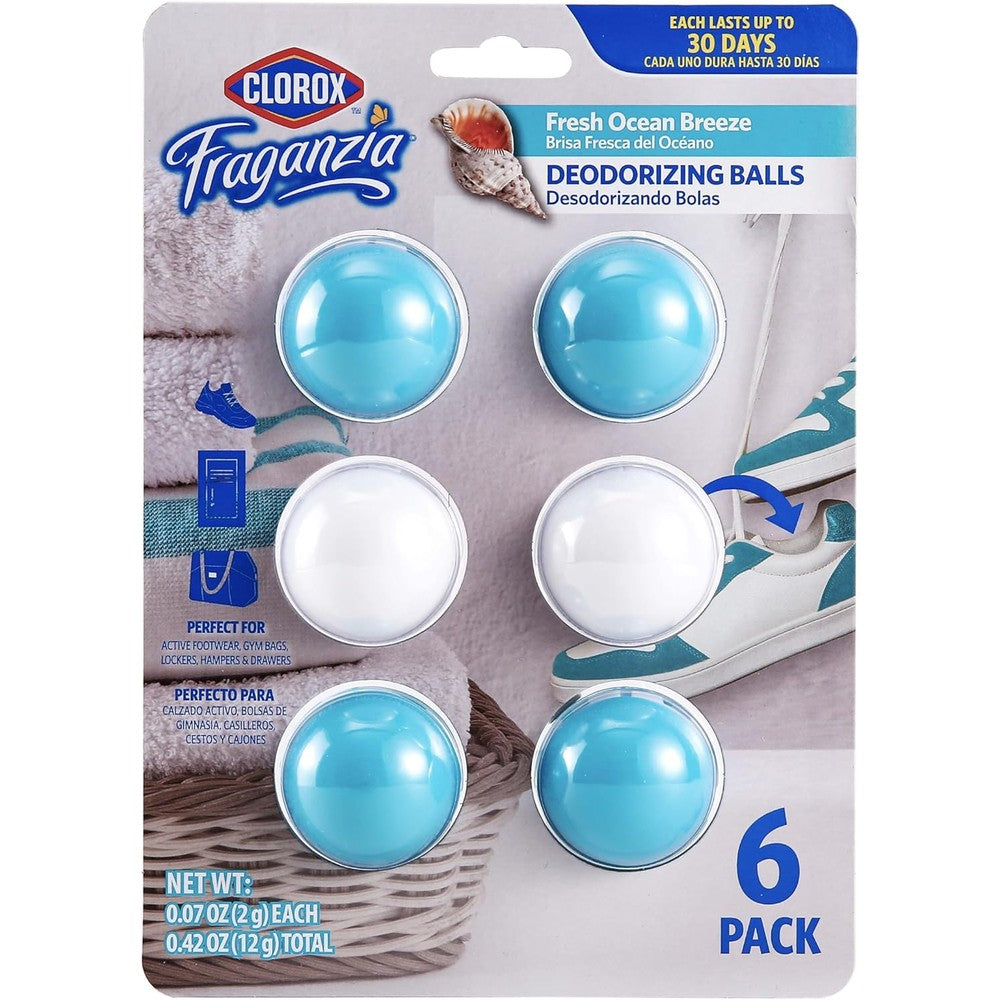 Clorox Fraganzia Deodorizing Balls 6 pack front view sneaker odor eliminator.