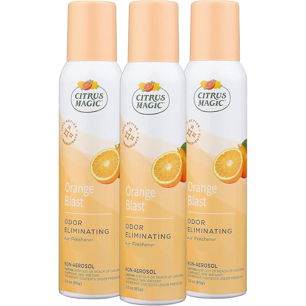 Citrus Magic Orange Blast Odor Eliminator Spray front view of three pack.