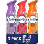 Febreze Air Mist 3-pack front view showing lilac, peach, and watermelon variants for odor elimination.