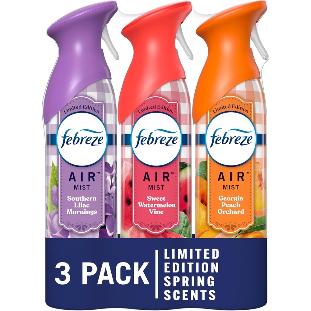 Febreze Air Mist 3-pack front view showing lilac, peach, and watermelon variants for odor elimination.
