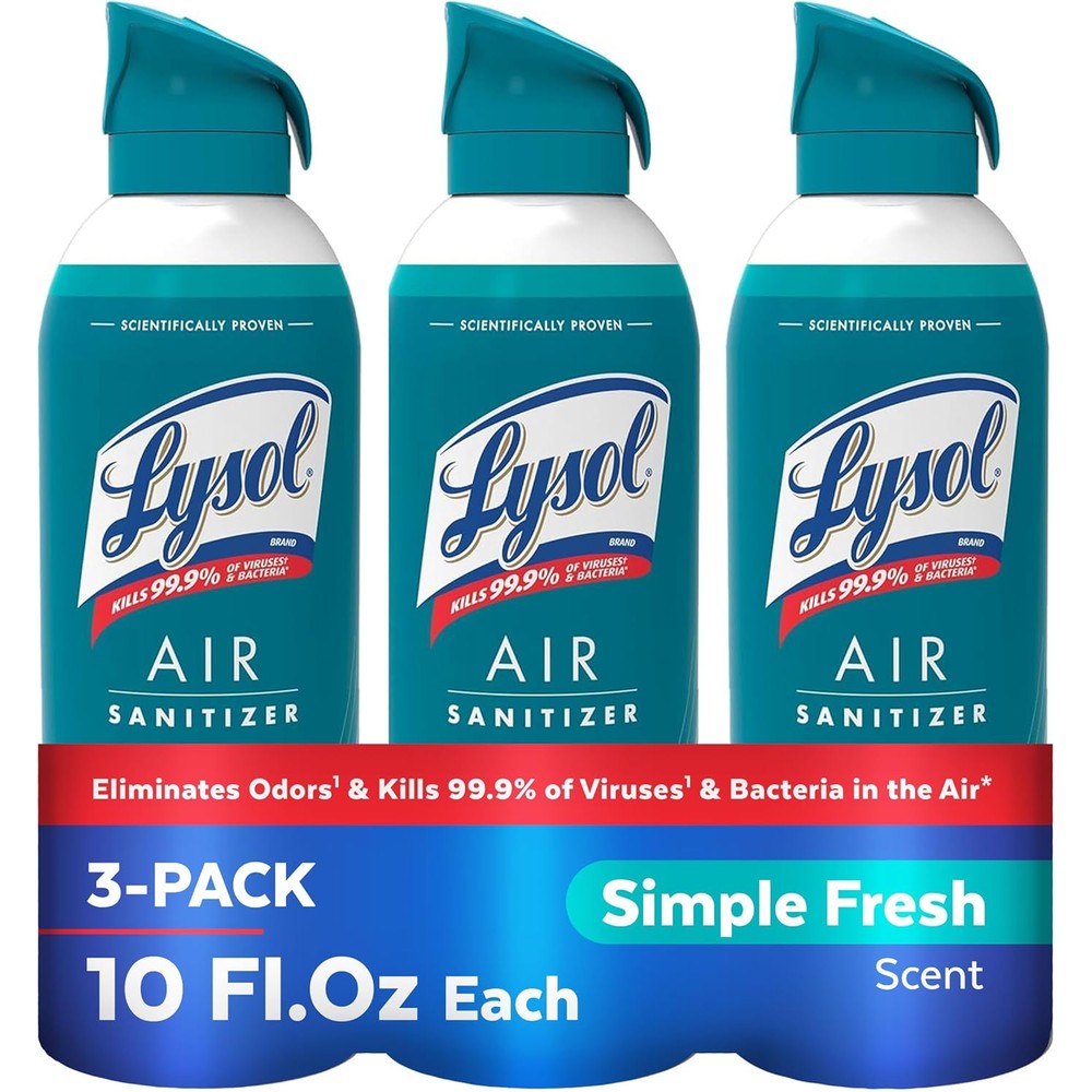 Lysol Air Sanitizer Spray three pack front view for air purification.