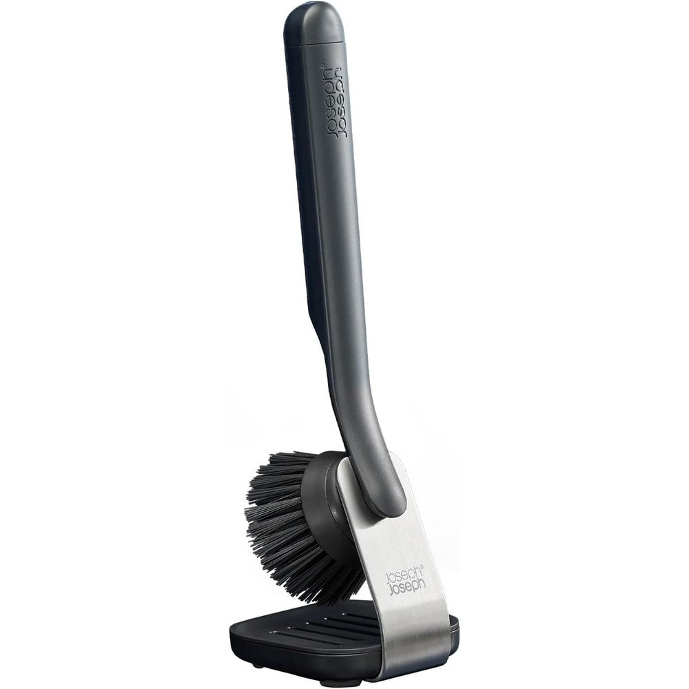 Joseph Joseph SinkTech Dish Brush front view with stainless steel stand
