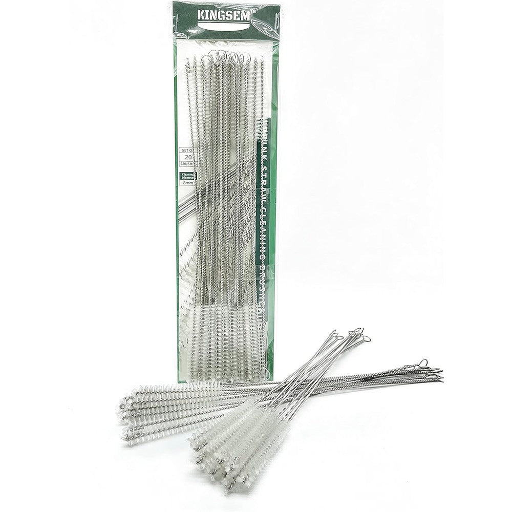 KINGSEM twenty piece straw cleaner brush kit front view showcasing multiple stainless steel handles and nylon bristles