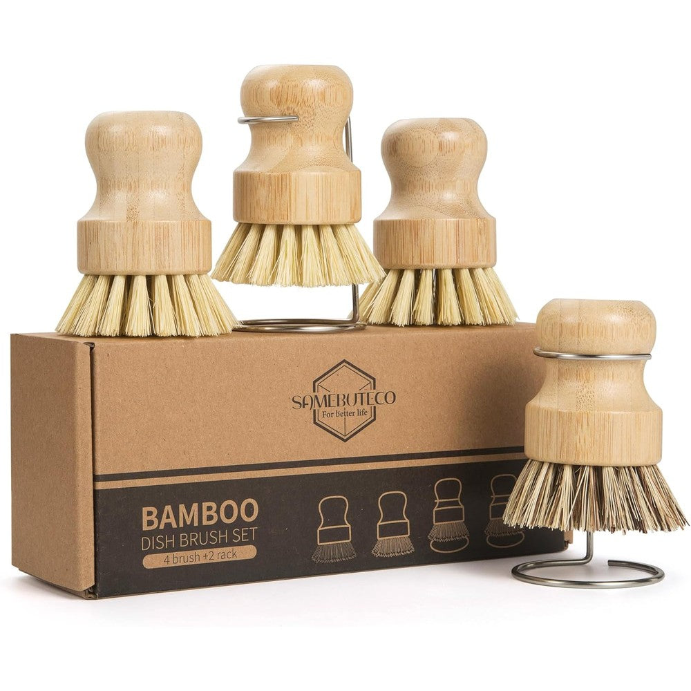 SAMEBUTECO bamboo dish brush set front view showing four brushes and two stainless steel racks