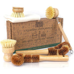 Jungle Culture six piece natural dish brushes kitchen cleaning set front view.