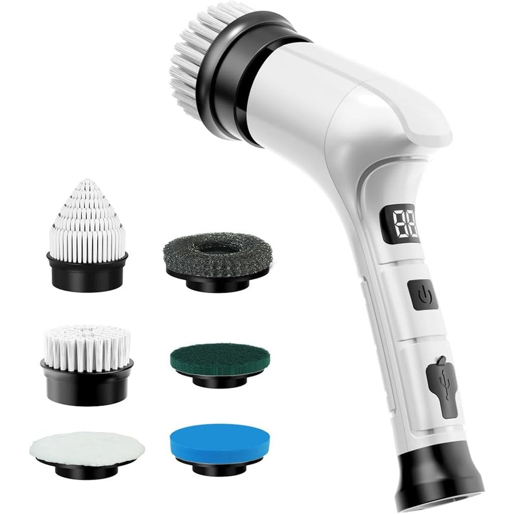 KELAWE electric spin scrubber front view featuring white handheld cordless body and digital LED battery percentage display screen