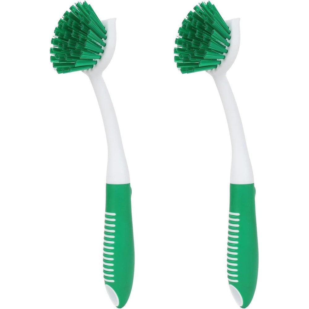 HileSwan dish brush front view showing green bristles and white long handle for kitchen cleaning.