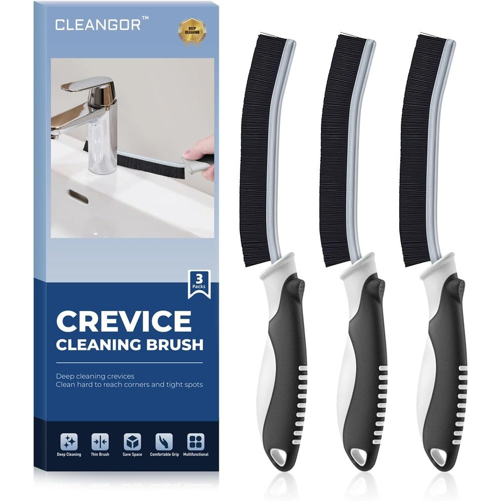 Cleangor crevice cleaning brushes three pack front view showing stiff black bristles.