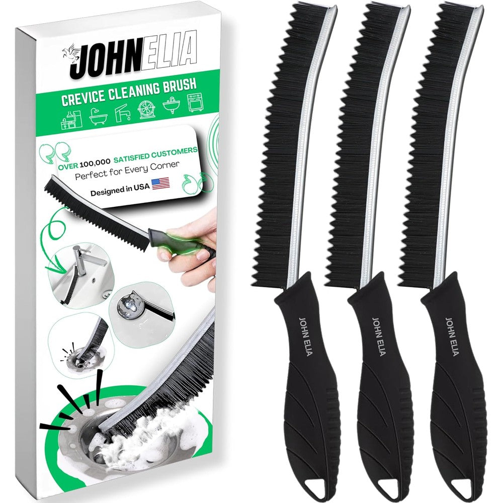 John Elia hard bristle crevice cleaning brush front view showcasing slim design for tight spaces