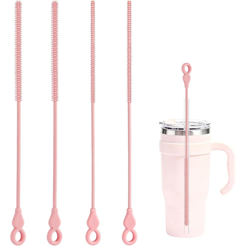 TenderBloom silicone straw cleaner brush front view showing 4-piece pink set for tumbler maintenance.