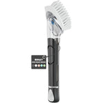 RIMAY soap dispensing dish brush front view showing black handle and white nylon bristles