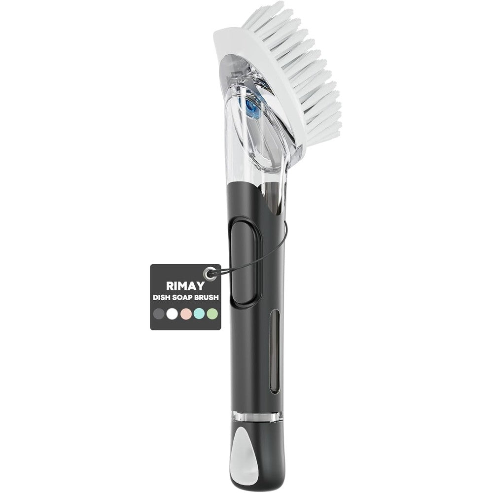 RIMAY soap dispensing dish brush front view showing black handle and white nylon bristles