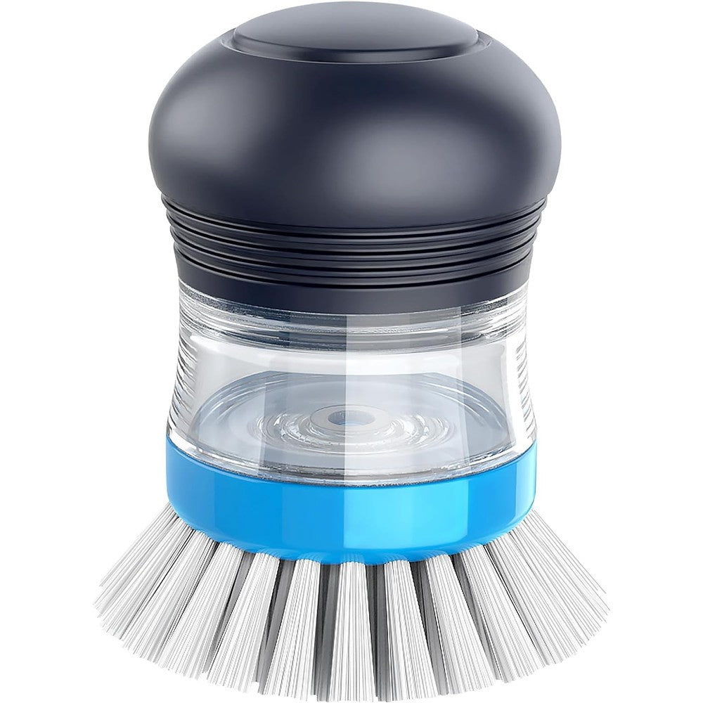 MR.SIGA Soap Dispensing Palm Brush front view showcasing the navy blue top button and clear soap reservoir.