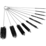 Polykarmatic mini straw and pipe cleaning nylon brushes ten piece set front view showing assorted brush diameters.