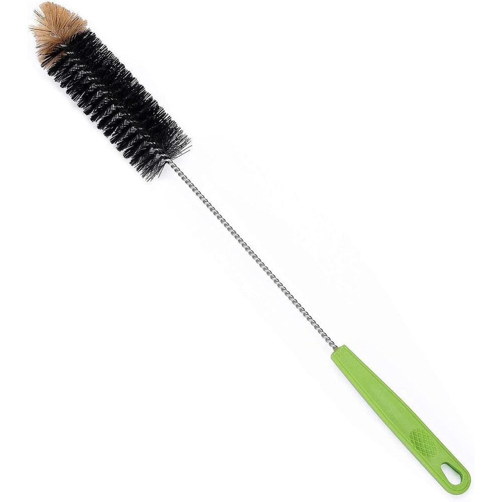 Haomaomao long bottle cleaning brush front view showing the seventeen inch flexible handle and dense black bristles.