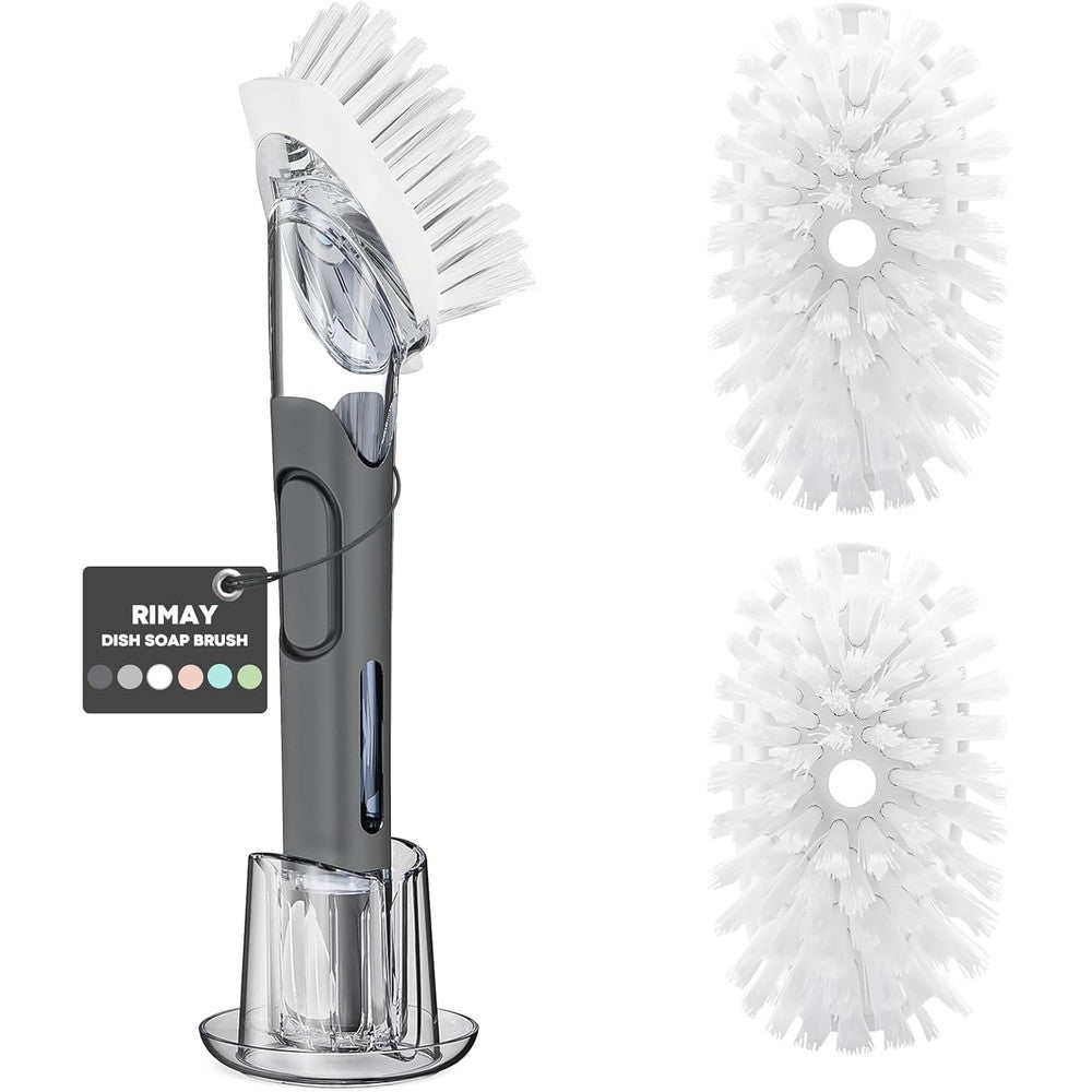 Rimay soap dispensing dish brush storage set front view on kitchen counter.