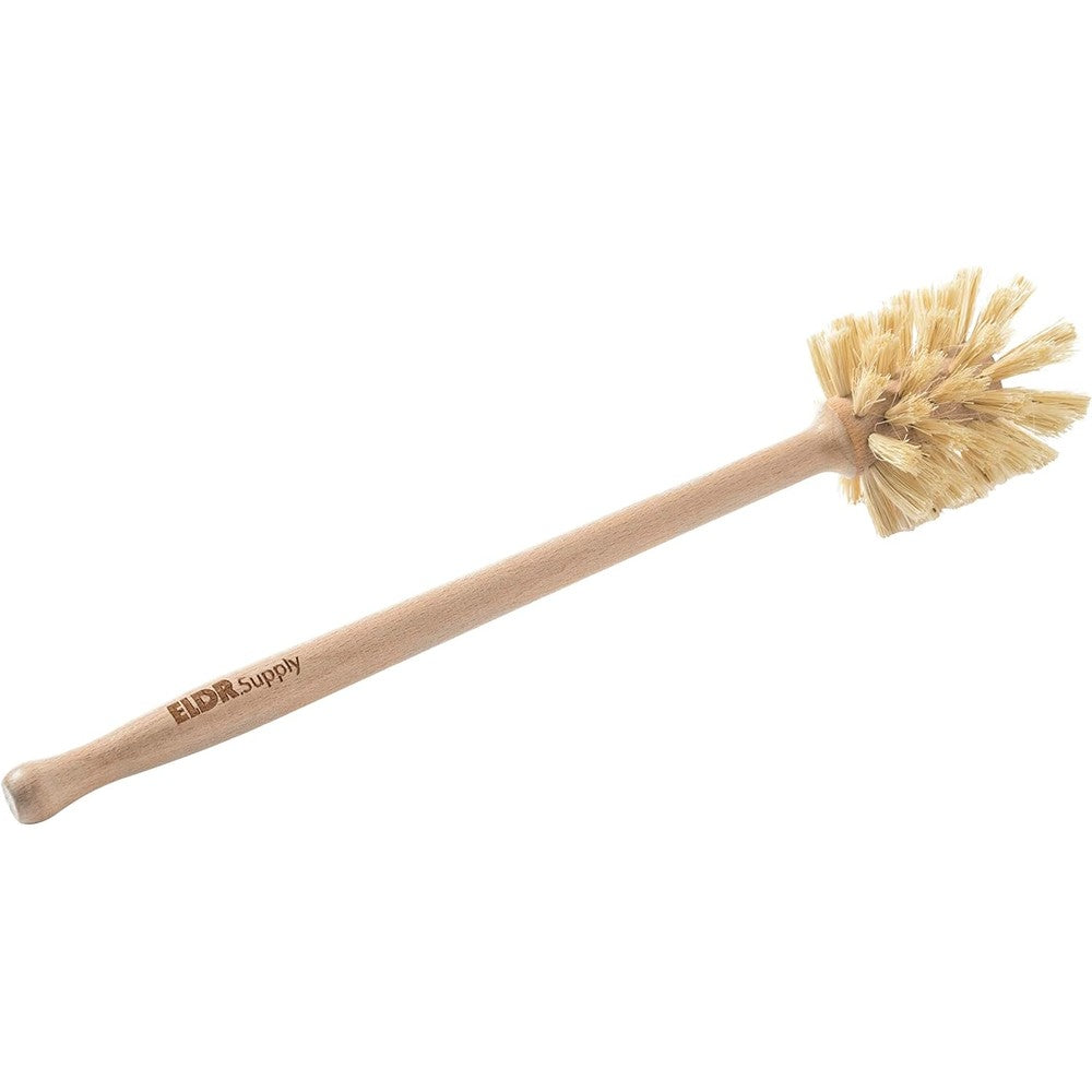 ELDR Supply wooden bottle brush front view showing long beechwood handle and natural hemp bristles