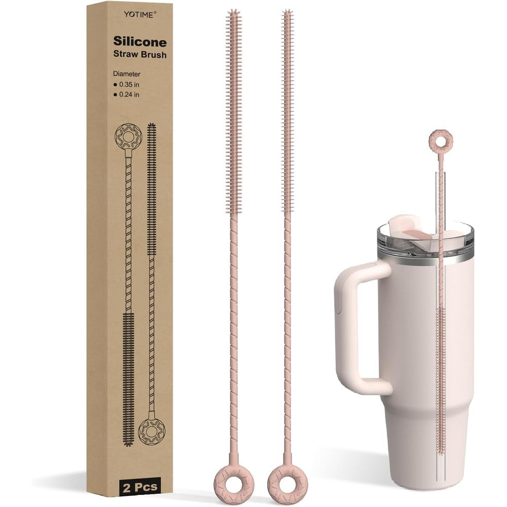 YOTIME silicone straw cleaner brush front view showcasing the pink two piece set.