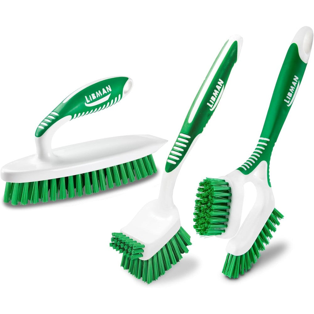 Libman Commercial Heavy Duty Scrub Brush Kit front view showing the three piece green and white premium household cleaning tools.
